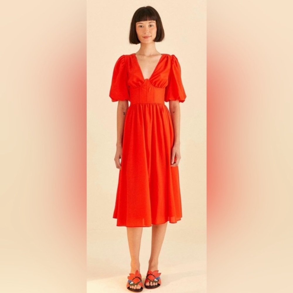 Farm Rio Red Corset Beaded Open Back Dress